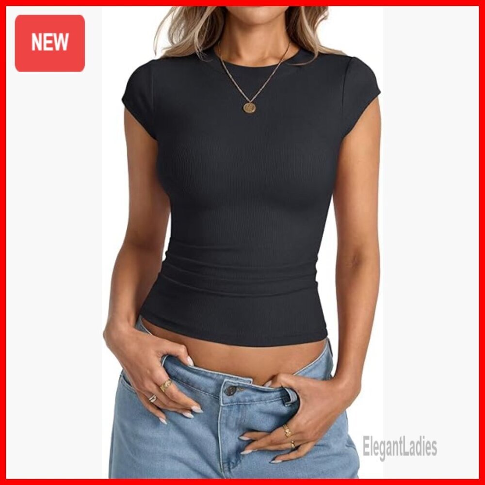 Slim Fit Ribbed Crop Top, Cap Sleeve, Crew Neck, Summer Tee